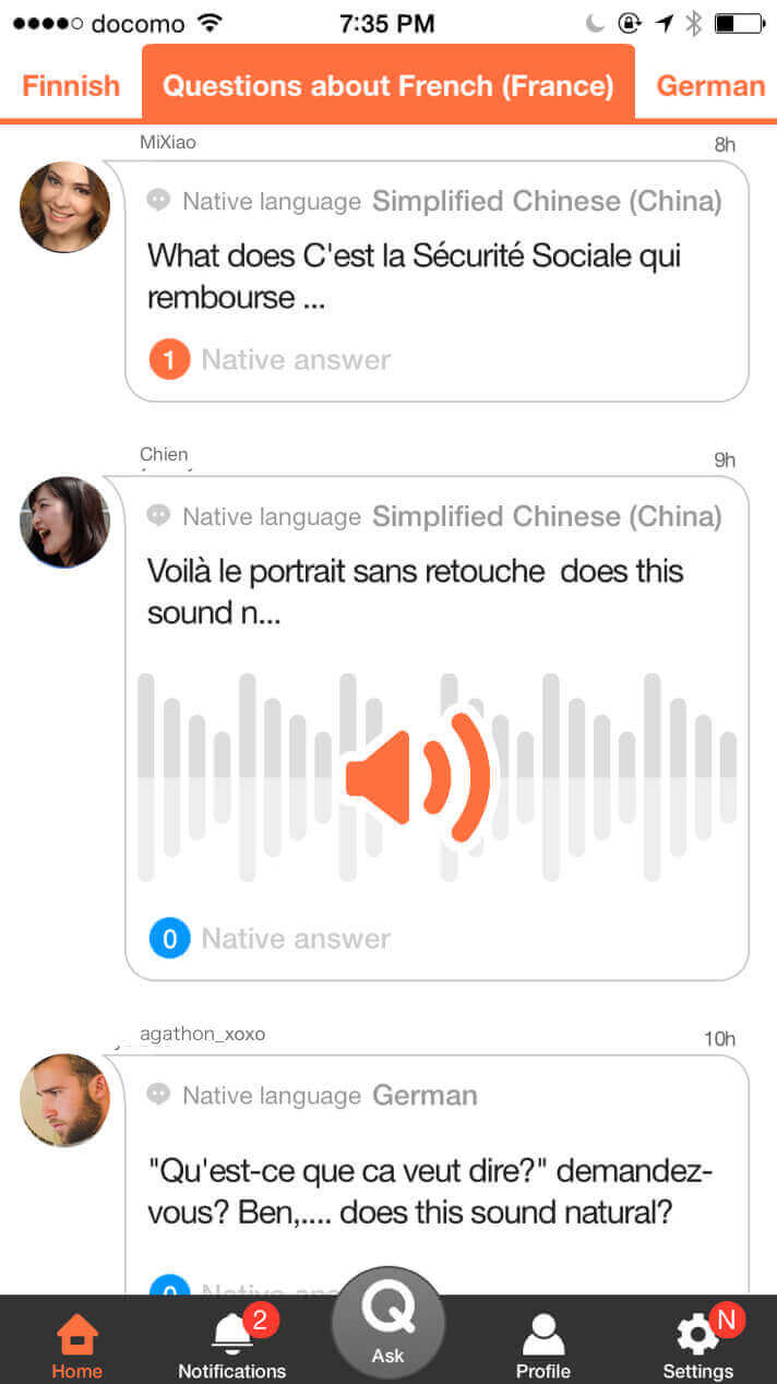 Obtenha respostas de verdadeiros falantes nativos de inglês, espanhol, francês e de outras línguas que estiver aprendendo, com a aplicativo HiNative!