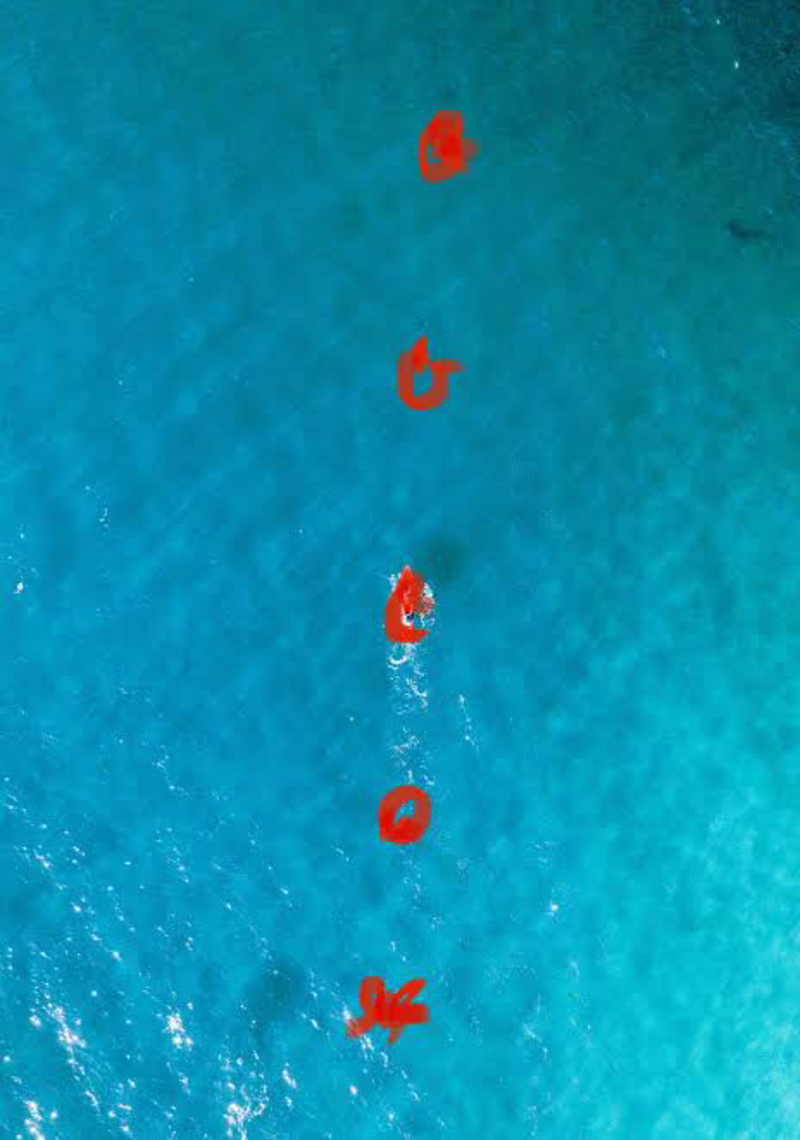 「そして、頭の先から沖合いめざして、巨大な岩礁が点々と延びている。」 ここの「点々と」はどういうニュアンスが表しましたか? 「だんだん」の意味