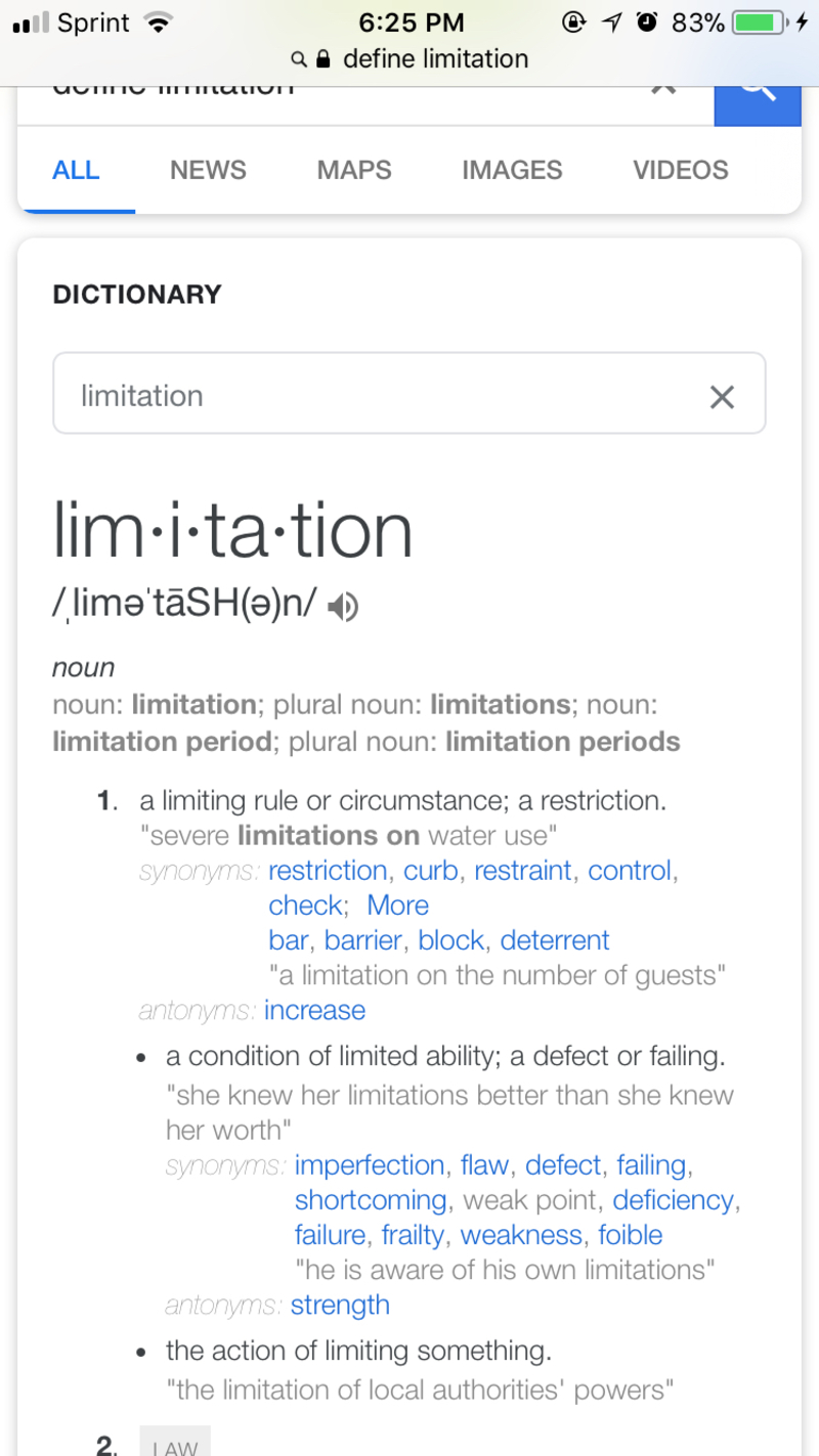 What is the meaning of "limitation "? Question about English (US