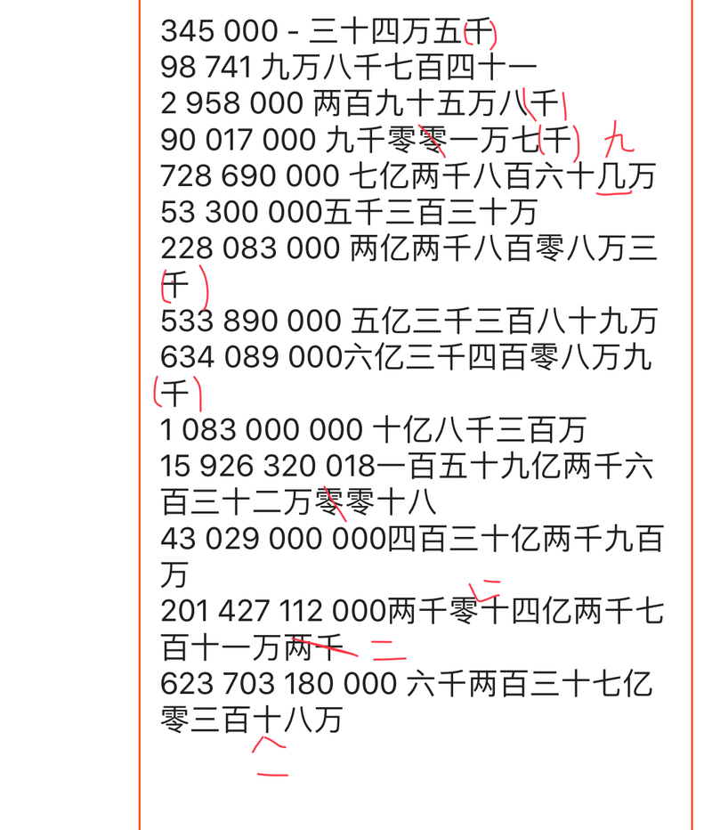 请问这些数字写得对不对？ 345 000 - 三十四万五千98 741 九万八千七百