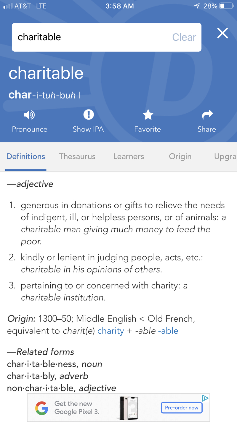 Charitable とはどういう意味ですか 英語 アメリカ に関する質問 Hinative