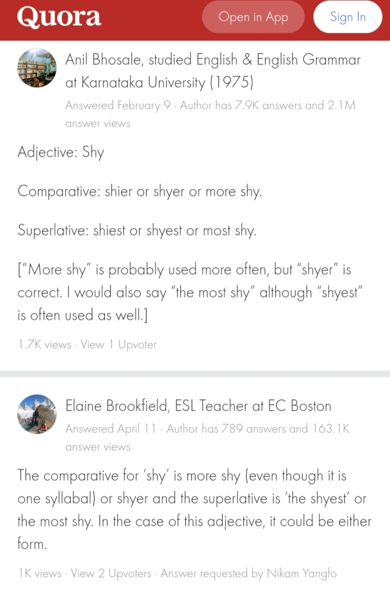 Que Veut Dire Shy En Anglais Which one is correct: shier or more shy? | HiNative