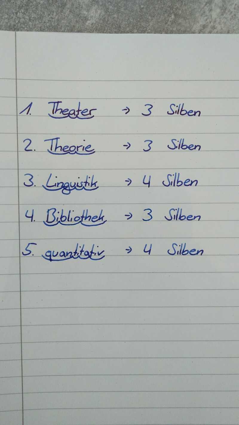 Hallo! Wie viele Silben erhalten die folgenden Wörter? 1. Theater 2. Theorie 3. Linguistik 4