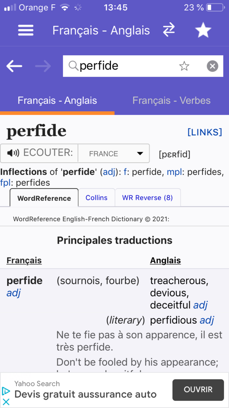 What is the meaning of ""le sens perfide du mot""? Question about